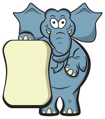 Elephant illustration with knotted trunk and blank placard.