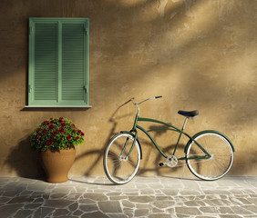 Fototapeta na wymiar Tuscan ścianie stiuk, drzwi antyczny romantyczny rocznika rower