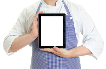 Male chef cook hands holding tablet pc. Isolated on white