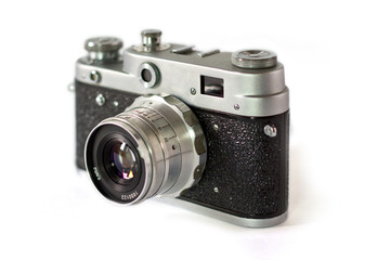 Old film camera with lens macro shot