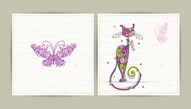 Birthday postcard with cute cat and butterfly for your design