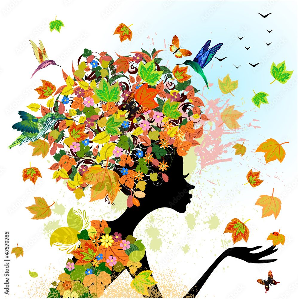 Wall mural girl fashion flowers in autumn