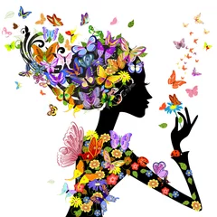 Foto op Plexiglas Bloemenmeisje meisjesmode bloemen met vlinders
