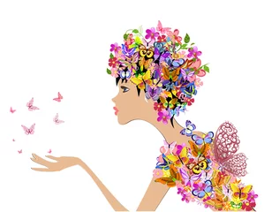 Foto op Plexiglas meisjesmode bloemen met vlinders © Aloksa