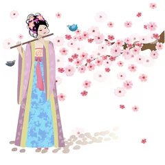 Papier Peint photo Lavable Femme fleurs Belle fille orientale près des fleurs de cerisier