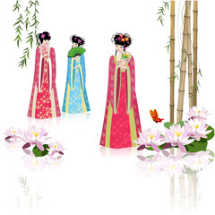 Chinese girls at the pond