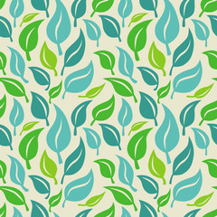 Vector seamless background with green and blue  leaves
