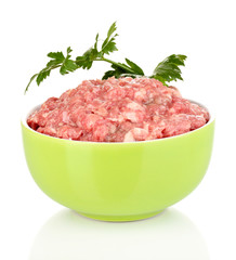 Bowl of raw ground meat isolated on white
