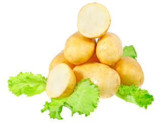 Young potatoes, decorating of lettuce . Isolated