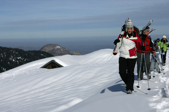 Group Of Skiers Walking Through The Snow