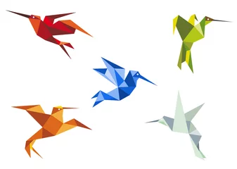 Crédence de cuisine en verre imprimé Animaux géométriques Colibris en origami aux couleurs volantes