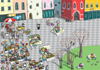 Vibrant City Square Cartoon