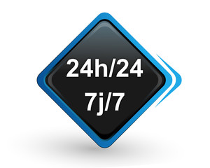 icône 24 heures sur 24 7 sur 7 sur bouton carré bleu design