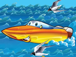 Deurstickers Happy cartoon motorboot © honeyflavour