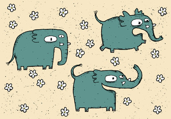 Fototapeta premium Hand drawn grunge illustration set of cute elephants