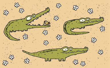 Fototapeta premium Hand drawn grunge illustration set of three cute crocodiles