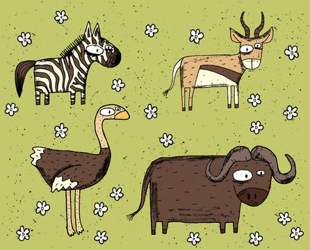 Set of zebra, antelope, ostrich and buffalo