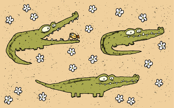 Hand drawn grunge illustration set of three cute crocodiles