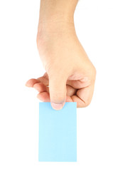 holding an empty blue card isolated on white