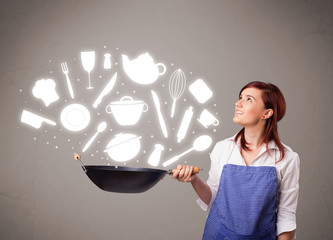 Young woman with kitchen accessories icons