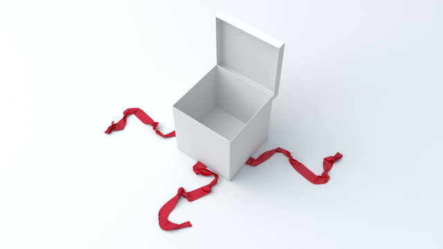 White gift box with red ribbon opening