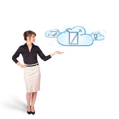 young woman presenting modern devices in clouds