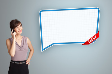 young woman standing next to a modern speech bubble copy space a