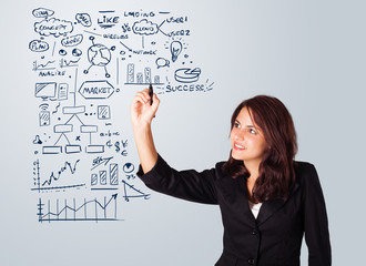 Woman drawing business scheme and icons on whiteboard