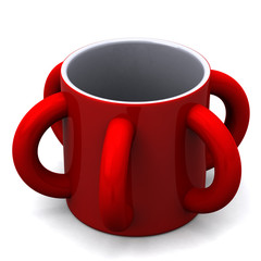 Red mug with many handles, 3d