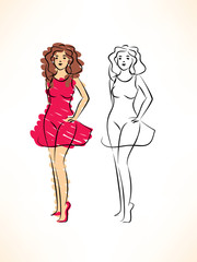 sketch of pretty woman in red dress