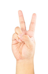 Closeup of a hand with victory sign isolated