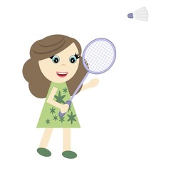 nice girl with badminton rocket on white