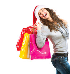 Christmas Shopping. Woman with Bags over White. Sales