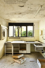 old kitchen destroyed, interior abandoned house