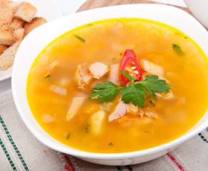 Peas soup in a white porcelain plate