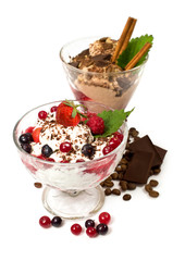 vanilla and coffee ice cream with berries and chocolate