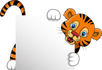 cute young tiger cartoon with blank sign