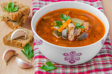 Tomato soup with vegetables and meat