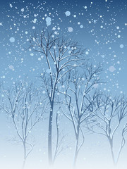 Winter card of snowfall with trees.