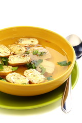 Easy chicken soup with egg rolls.