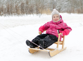 Cute little girl sitting in sled in the park