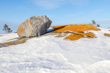The big stone and orange moss on snow coast of the winter sea Ba