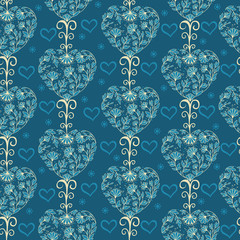 Floral Vintage Seamless Pattern with Hearts.