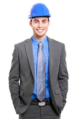 Portrait of an handsome engineer isolated on white