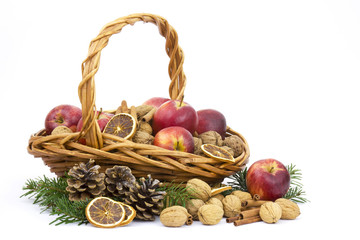 basket full of apples, nuts, cinnamon