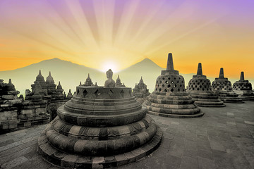 Borobudur Buddhist temple at sunrise