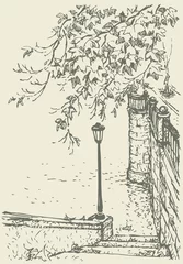 Papier Peint photo Illustration Paris Paysage de vecteur. Branches tombantes et lanterne sur le vieux quai