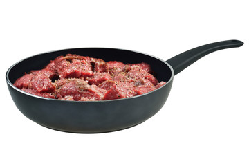 Raw meat in pan.