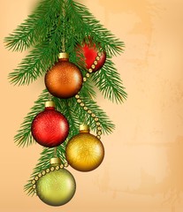 Christmas retro background with balls and fir branches. Vector i