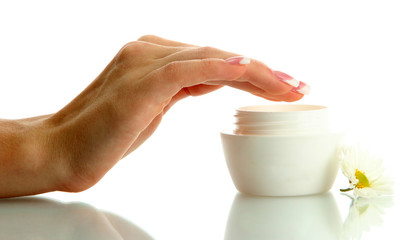 Beautiful woman hand with cream, isolated on white